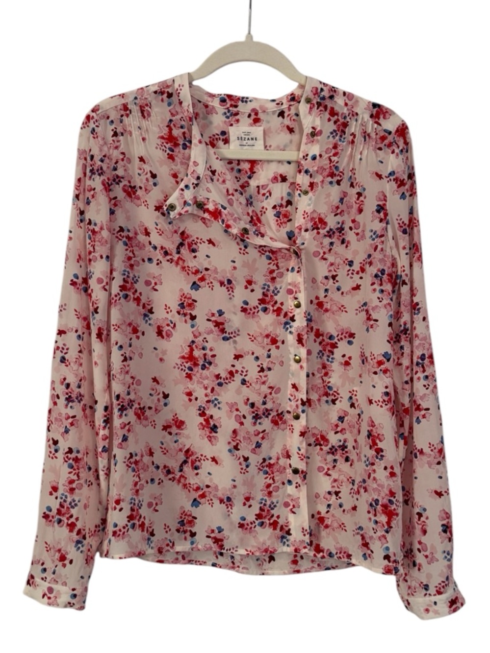 Sezane 100% Silk Floral Pink Blue Long Sleeve Button Blouse Size 38 / 6 / M